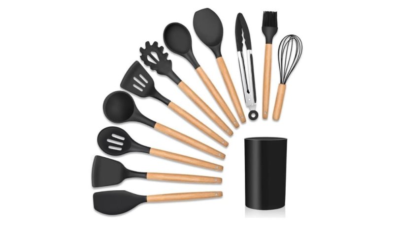 Kit 12 Utensílios De Cozinha Em Silicone E Cabo De Madeira