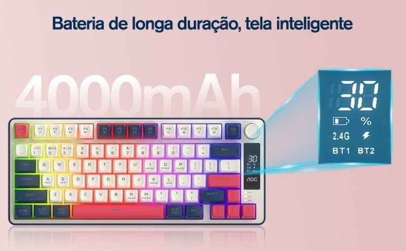 AOC GK280 Teclado sem fio 70%, Bluetooth Trimodo /2.4 GHz/USB-C, Teclado Gamer RGB LED Rainbow