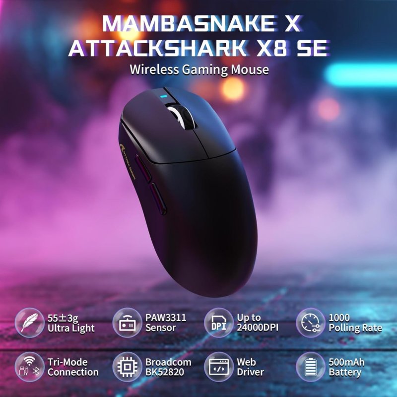 Mouse ATTACK SHARK X8SE para Mãos Grandes, 55g SUPERLEVE