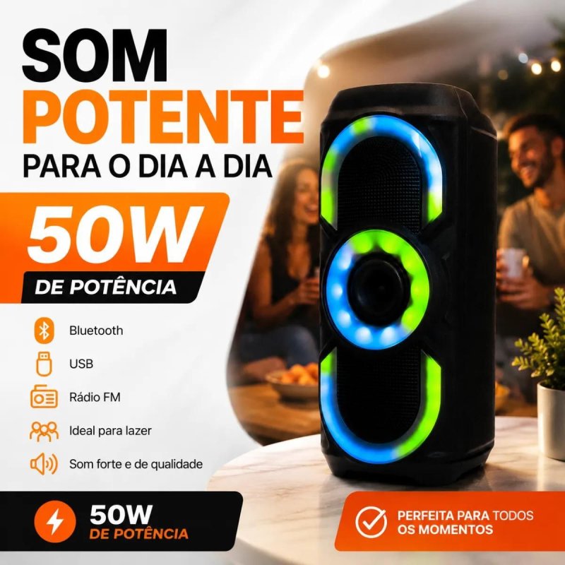 Caixa de Som Bluetooth 50W RGB TWS USB Portátil