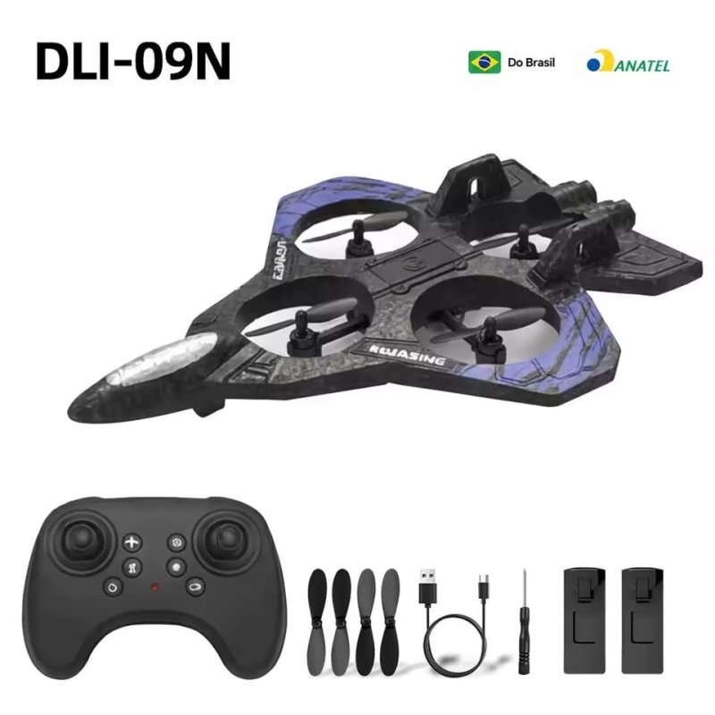 Drone Avião RC DLI09N 2.4GHz com Decolagem Vertical, Luzes LED, 2 Baterias Recarregáveis e Controle Remoto