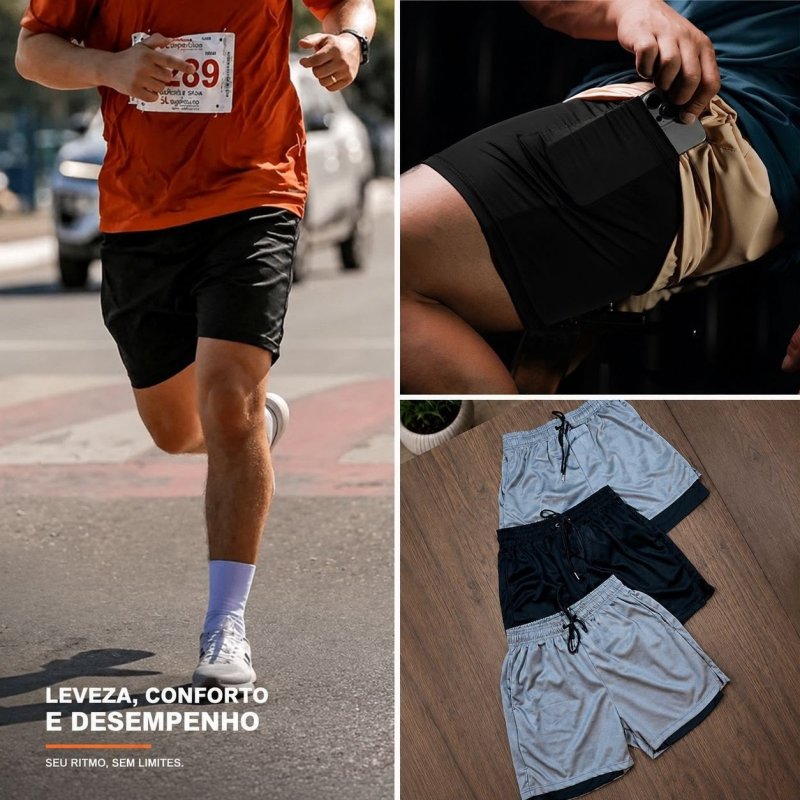 Kit 3 Shorts 2 Em 1 Duplo Bolso Para Academia Treino Corrida
