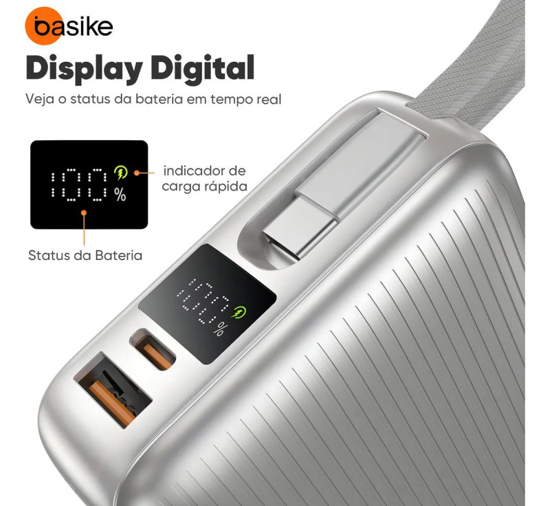 Basike Power Bank 20.000mAh - 45W Rápido - 3 Saídas - Branco