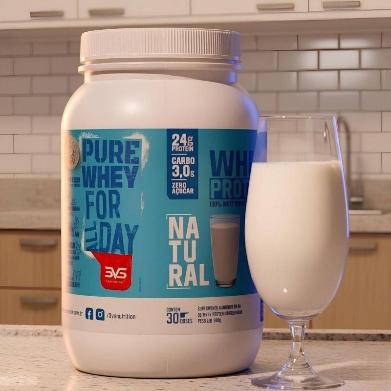 100% Whey Protein Concentrado 900g Sabor Natural - Proteína 100% Pura - 3VS Nutrition