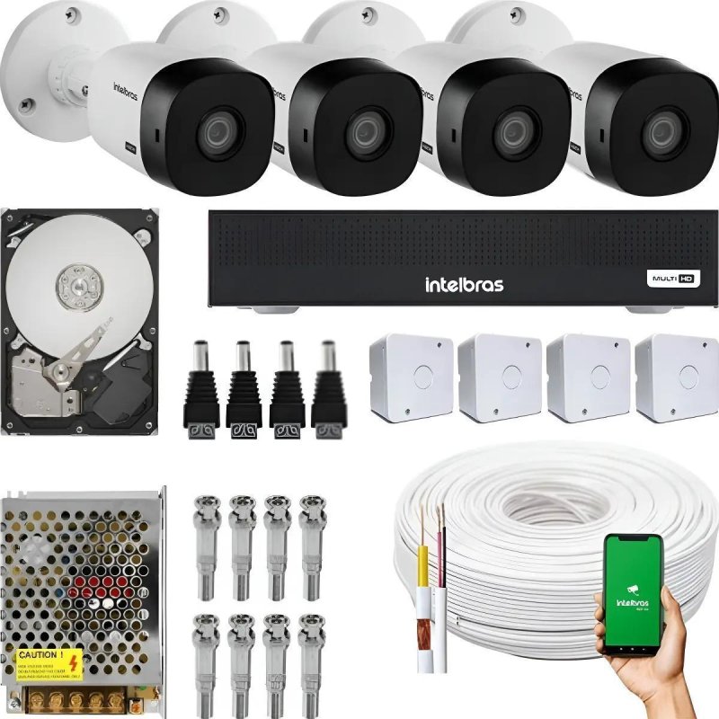Kit Vigilância Intelbras Completo com 4 Câmeras Infra Multi HD DVR 4 Ch