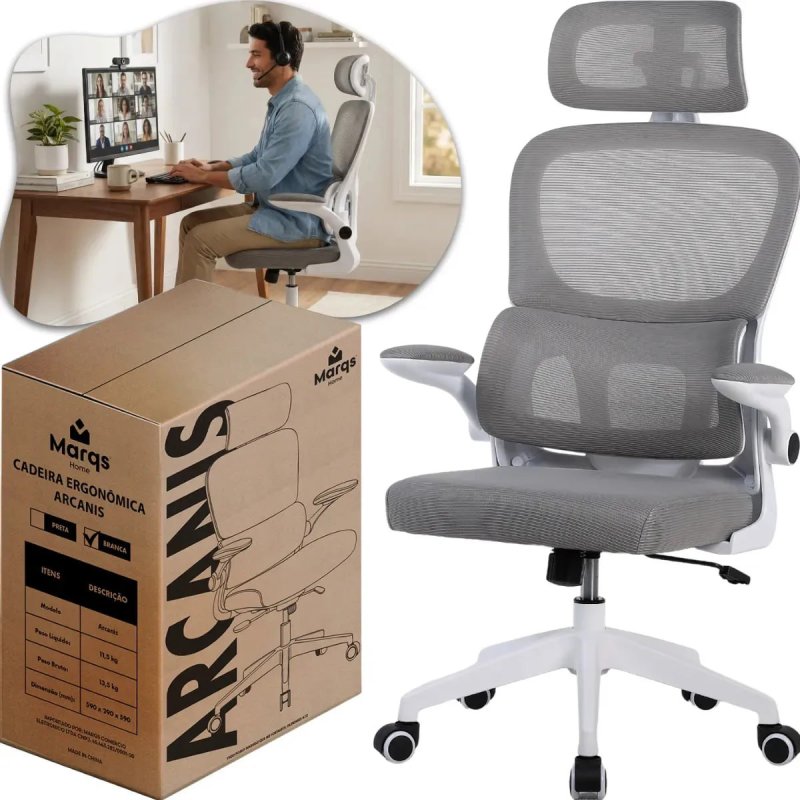 Cadeira Escritório Presidente Ergonômica NR17 Marqs Home Arcanis Cinza