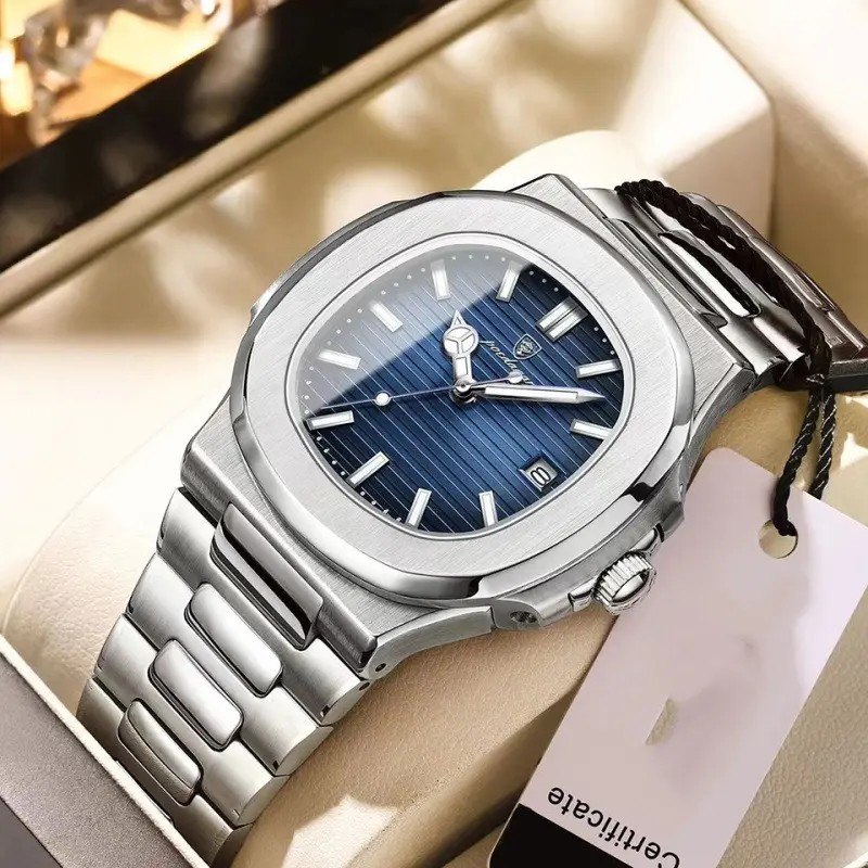 Relógio Masculino Poedagar 613 de Luxo com Fundo Azul e Correia Prateada