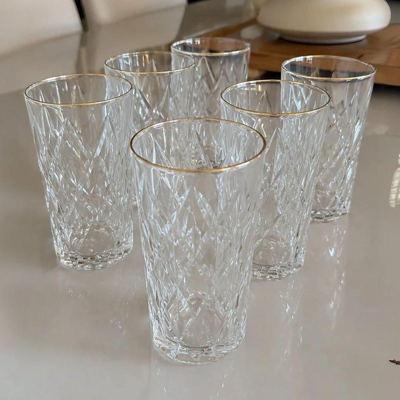Jogo 6 Copos Altos Vidro 350ml Diamond Clear Borda Dourada Ke Home