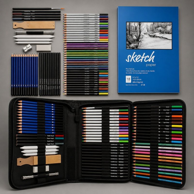 Kit Lapis de Desenho Profissional 74 Peças com Estojo Portátil