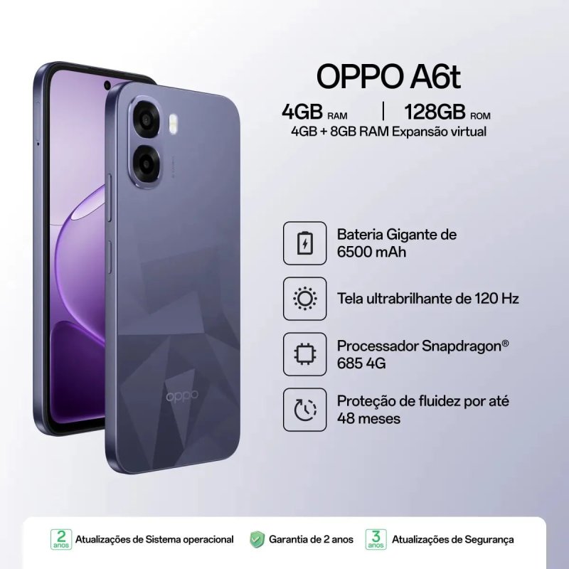 OPPO A6t 128GB 12GB RAM - Bateria 6500mAh Tela 120Hz - Violeta