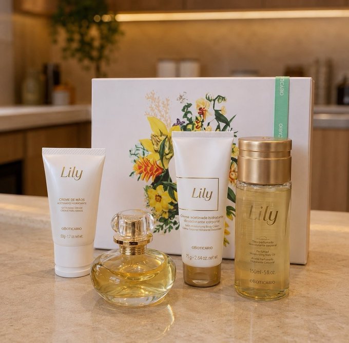 Kit Presente Boticário Lily Soleil - Perfume EDP 30ml + Óleo Corporal 150ml + Creme Hidratante 75g + Creme de Mãos 50g