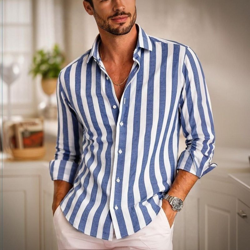 Camisa Masculina de Manga Comprida com Botões Listrada