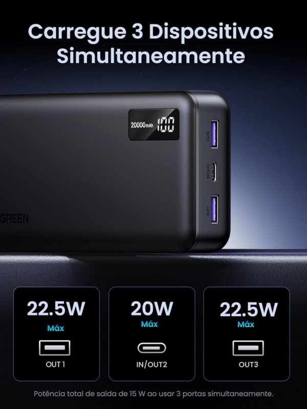 UGREEN Power Bank 20000mAh - Carga 22,5W - 2 USB-A + 1 USB-C - Tela Digital
