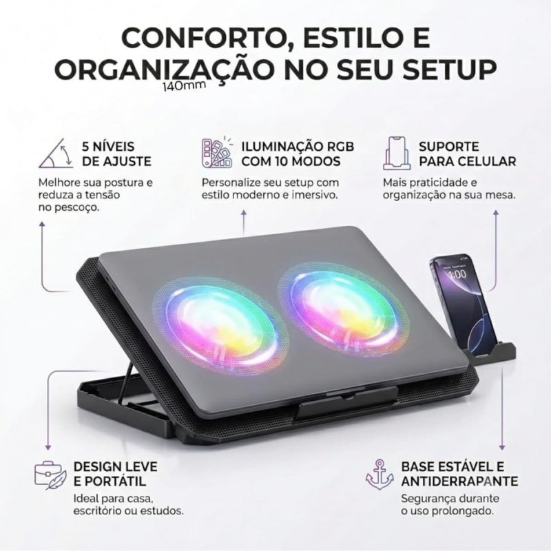 Suporte para Notebook Premium Silencioso Base Refrigerada com Cooler LED RGB Azul e Suporte para Celular
