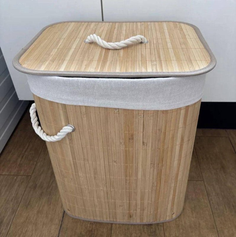 Cesto De Roupa Suja De Bambu Com Tampa E Alças 50 Litros Kontuz