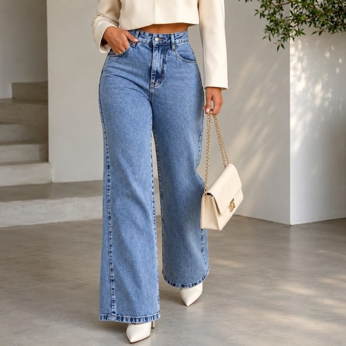 Calça Jeans Pantalona Wide Leg Cintura Alta + Frete Grátis