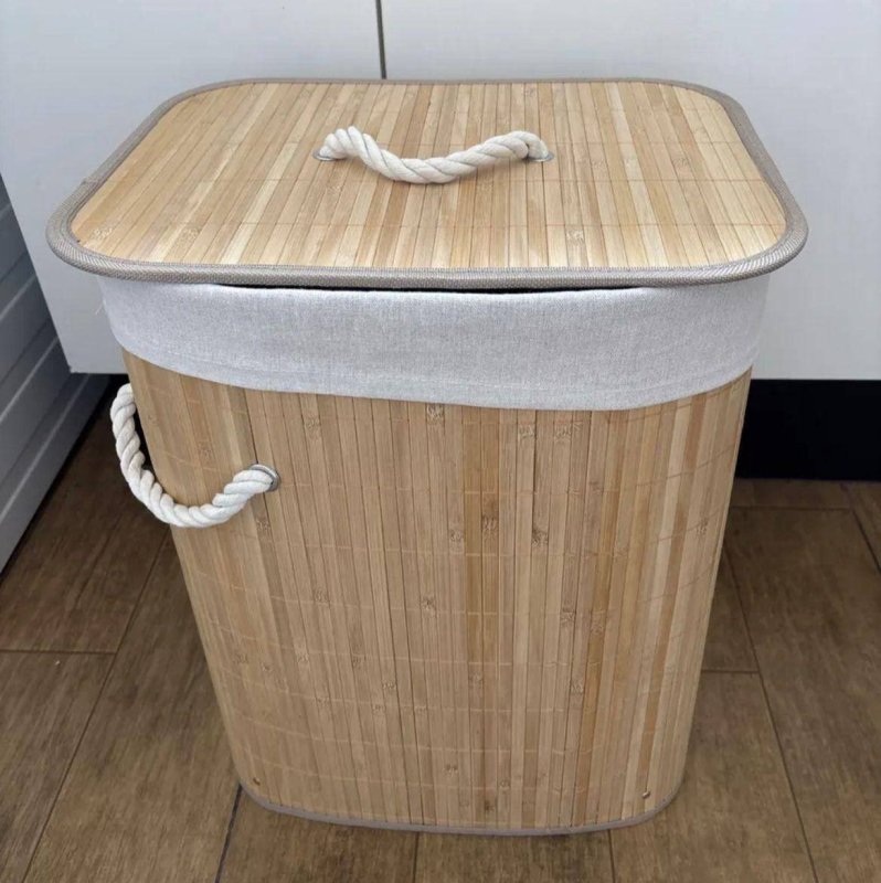 Cesto De Roupa Suja De Bambu Com Tampa E Alças 50 Litros