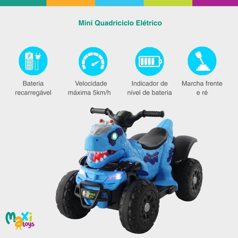 Quadriciclo Elétrico Infantil Dino MaxiToys - Marcha Frente/Ré - Azul