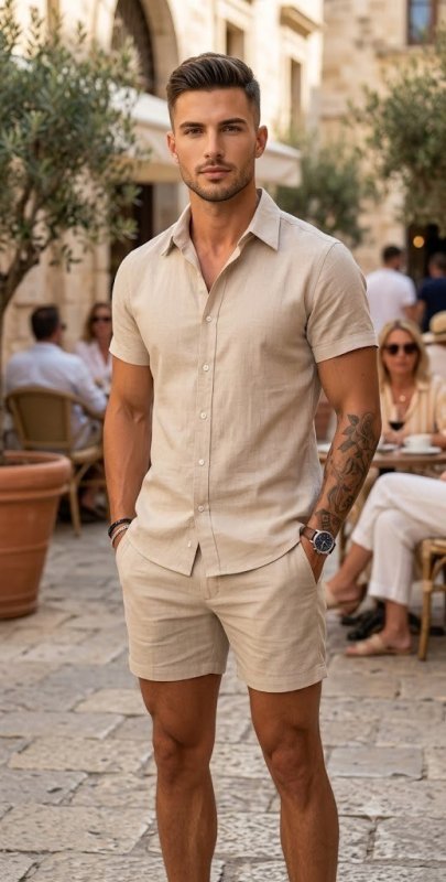 Conjunto Masculino Linho Camisa Shorts Mauricinho Com Bolso