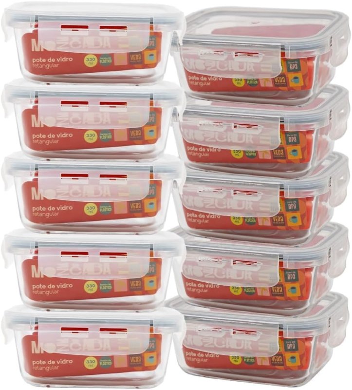 MOZCADA Kit 10 Potes Vidro Marmita Retangular - 330ml Hermético