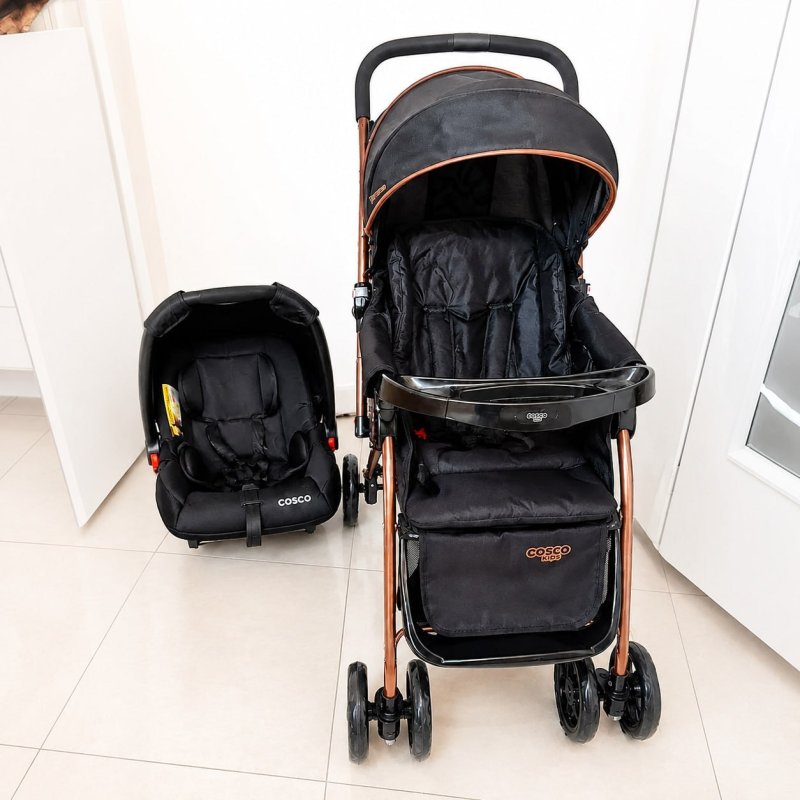 Conjunto Travel System Reverse DUO Preto Bronze, Carrinho de Bebê + Bebe Conforto Cosco Kids