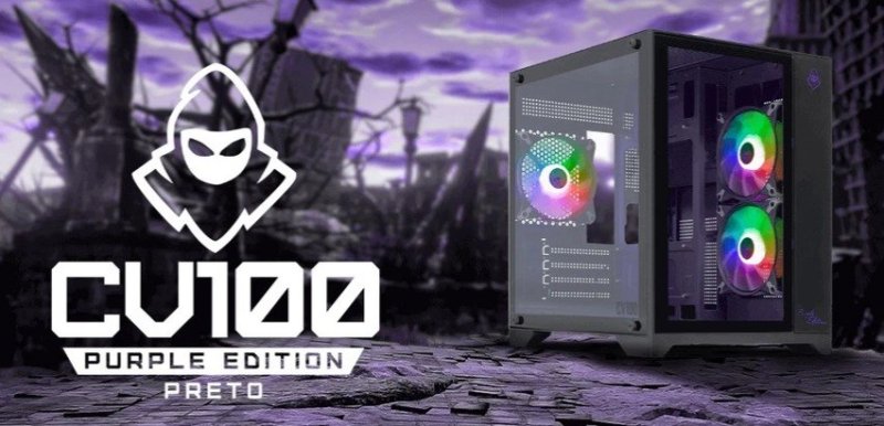 Gabinete Gamer Aquário Mancer CV100 Purple Edition, Mid-Tower, Lat/Vidro C/3 Fans, Preto, MCR-CV100-PEB
