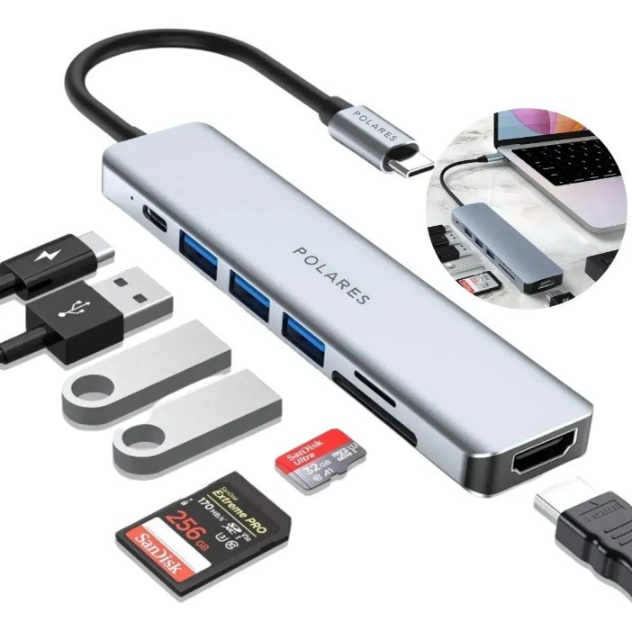 POLARES ZEN1 Adaptador Hub Usb-c Compatível com Macbook Air M1 M2 Dex Hdmi 4k 7 Em 1 Polares