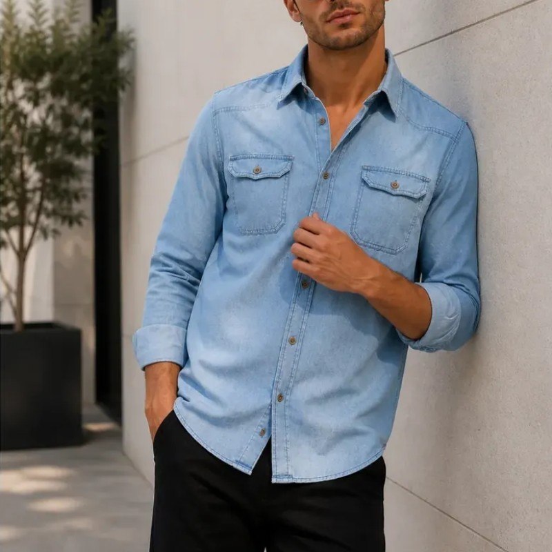 Camisa Jeans Slim Manga Longa Masculina