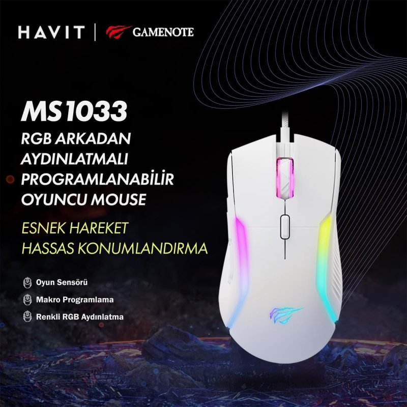 Mouse Gamer Havit Hv Ms1033 Rgb 8000 Dpi 9 Botões Branco
