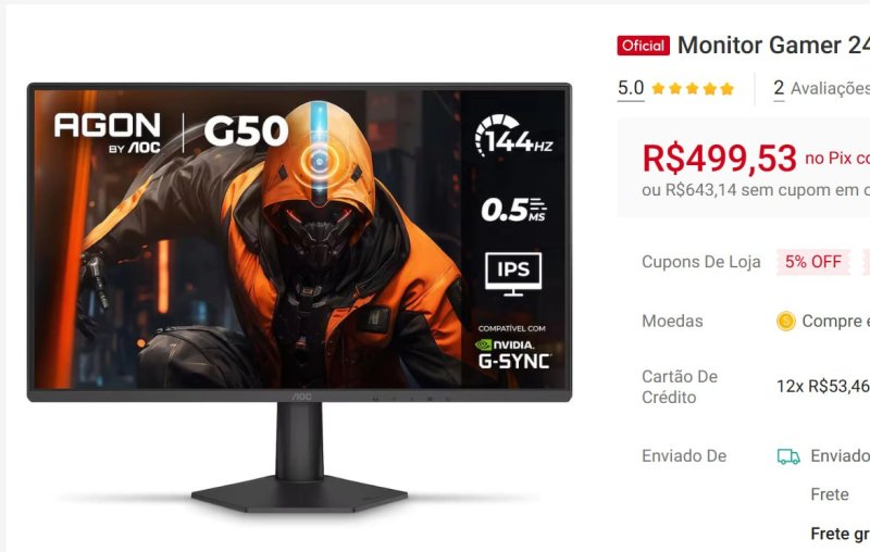 Monitor Gamer 24 AGON 24G50F 144Hz G-Sync 0,5ms HDR10 AOC
