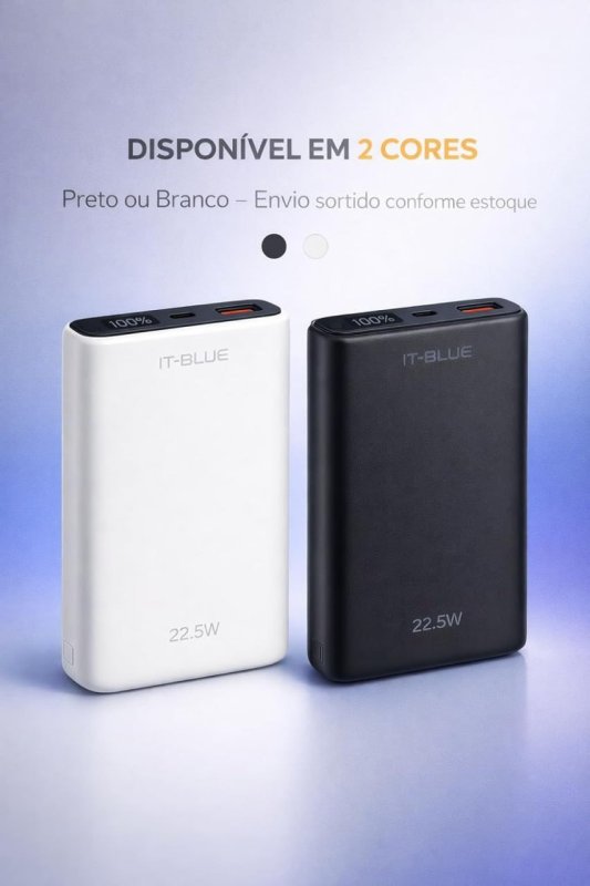 Power Bank 10000 mAh Turbo 22,5W - Display LED - Entrada USB e Tipo C - Preto ou Branco