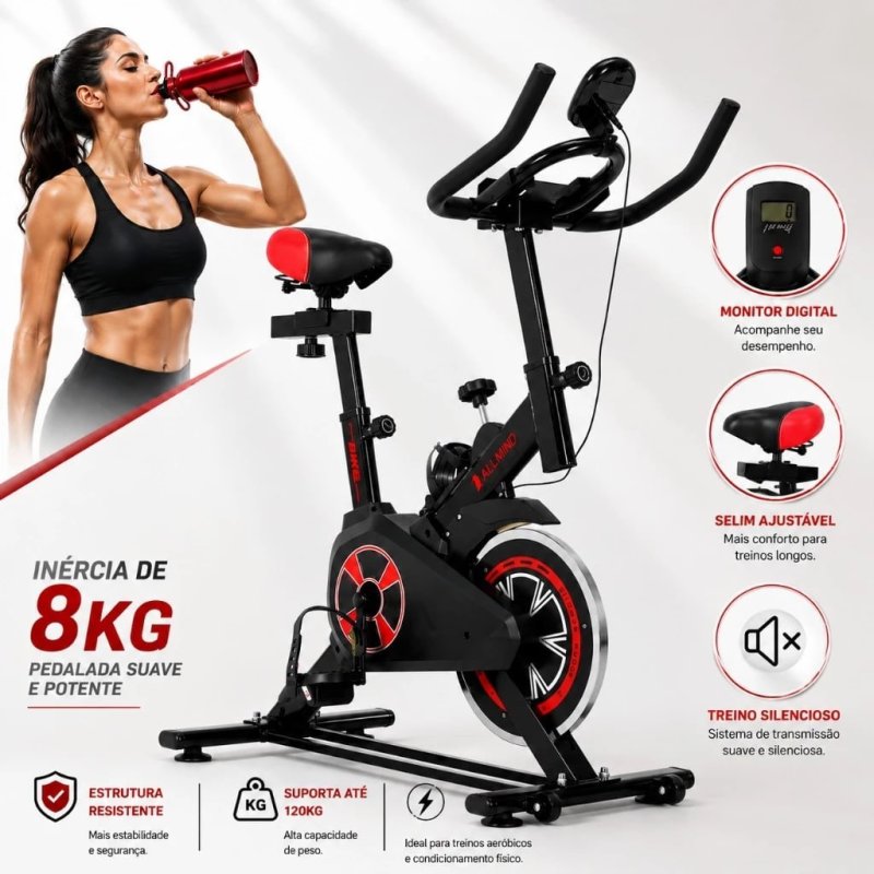 Bike Ergométrica 8kg Fitness Treino musculação Academia 120kg com Painel Digital Squeeze