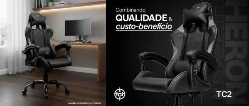 Cadeira Gamer TGT Heron TC2, Fácil Limpeza, Reclinável 120 kg, Preto, TGT-HRTC-BL03