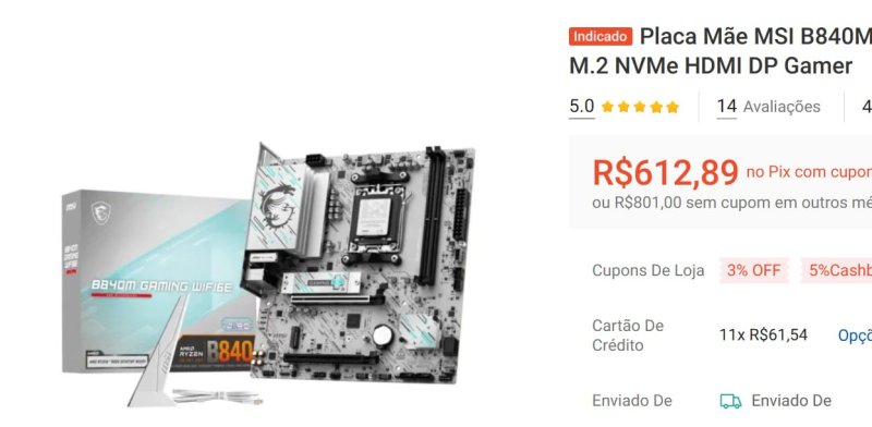 Placa Mãe MSI B840M Gaming WiFi 6E AM5 DDR5 mATX