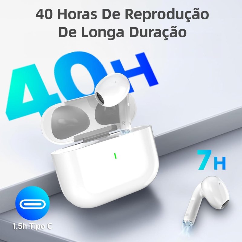 Fones de ouvido Bluetooth 5.3 sem fio, bateria com duração de 40 horas, carregamento USB-C