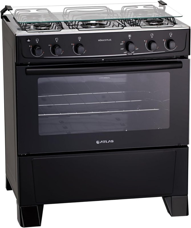 Atlas Mônaco Plus 5 Bocas Preto - Acendimento Automático - Mesa Inox