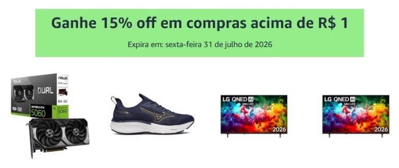 Ganhe 15% off em compras acima de R$ 1