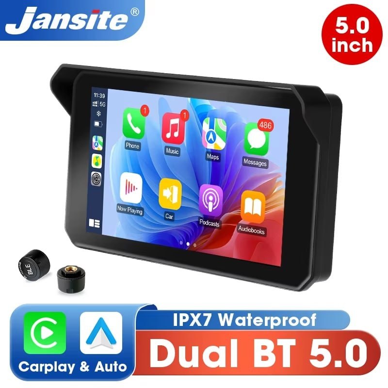 JANSITE Tela CarPlay para Moto 6,25" com Android Auto, Bluetooth Duplo, GPS, IP67, Suporte a Intercom e Display Touch