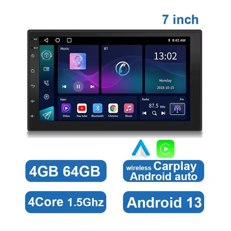 Central Multimídia Android 13 Universal 2 DIN 7"/9"/10" – GPS, Bluetooth, Wi-Fi, 4GB 64GB, Tela Touch e Espelhamento