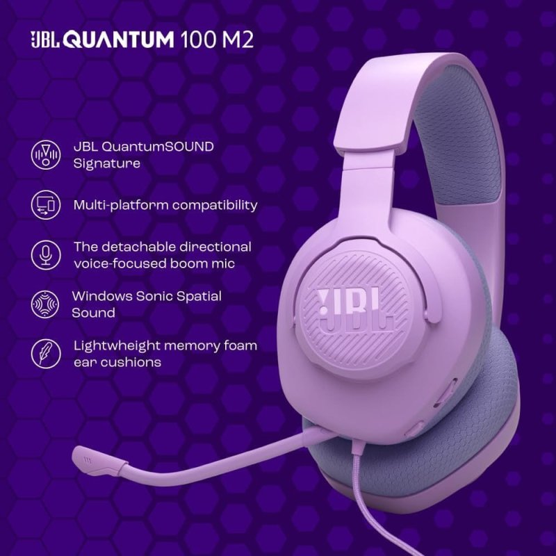 JBL Quantum 100M2 Over Ear - Headset Gamer, Microfone Removível - Rosa