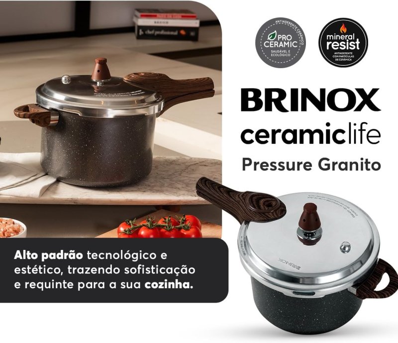 Brinox Panela Pressão 6,8L Ceramic Life - Revestimento Cerâmico - Indução Granito