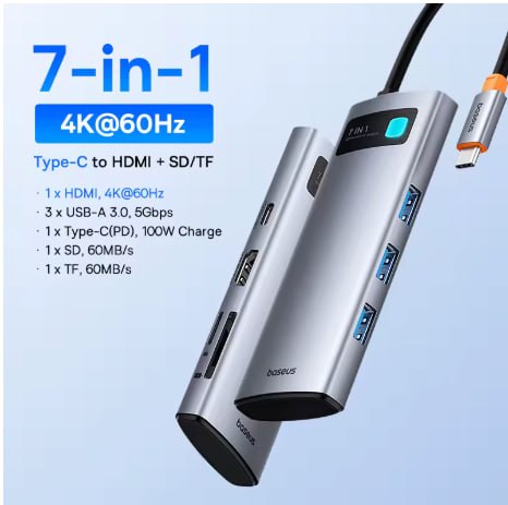 Baseus Hub USB-C 7 em 1 - HDMI 4K RJ-45 1Gbps PD 100W