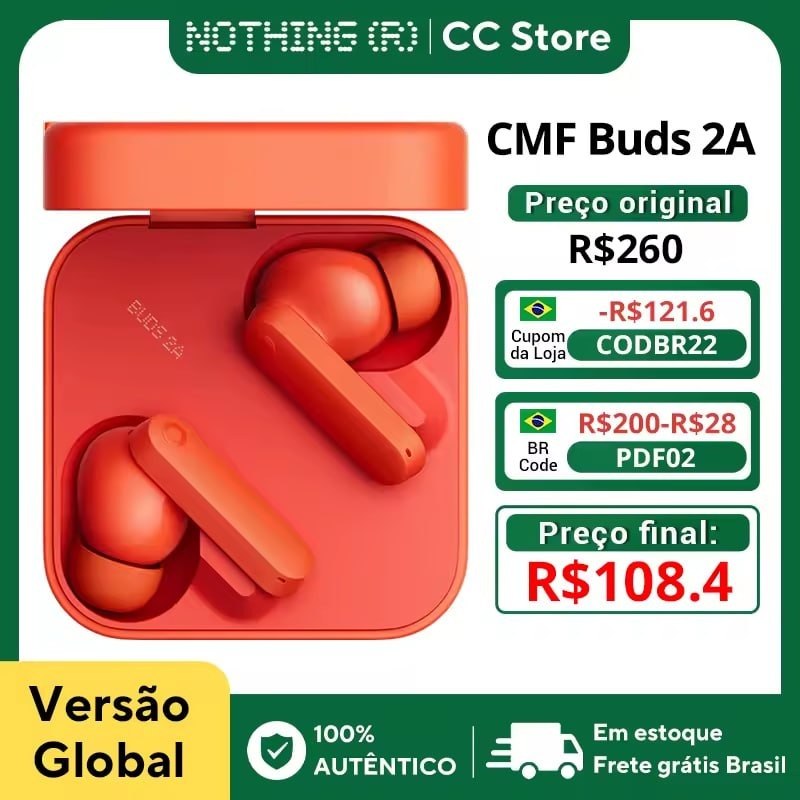 CMF by Nothing Buds 2A Bluetooth 5.4 TWS ANC 42dB Driver 12.4mm 4 Microfones HD Baixa Latência IP54