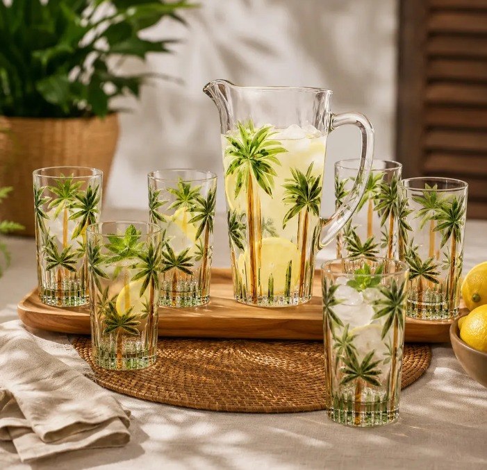 Conjunto Jarra Com 6 Copos Cristal Palm Tree Handpaint Wolff