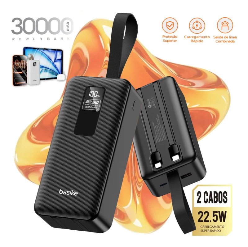 Basike Power Bank 30000mAh - Carregador Portátil USB LED - Turbo Carga Rápida