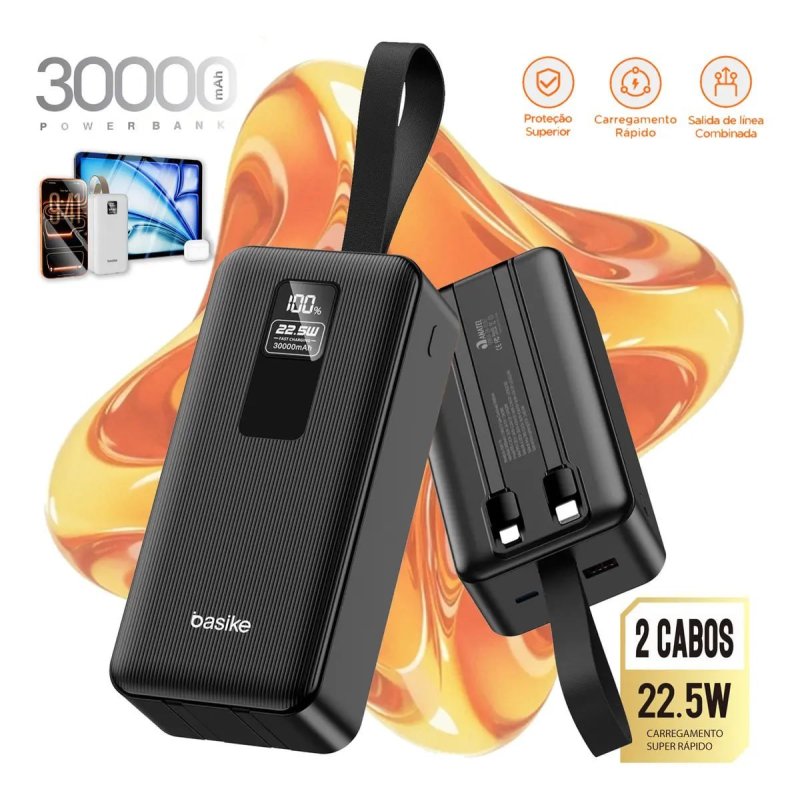 Basike Power Bank Carregador Portátil 30000mah Com Cabo Usb Led Turbo Carga Rápida Universal Para Celulares
