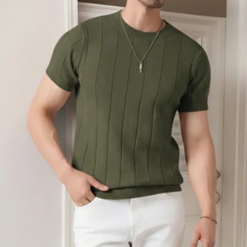 Camiseta Masculina Básica Canelada Manga Curta Tricot Modal