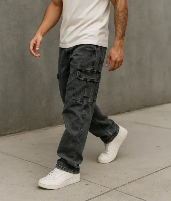 Calça Cargo Masculina Jeans Streetwear Larga