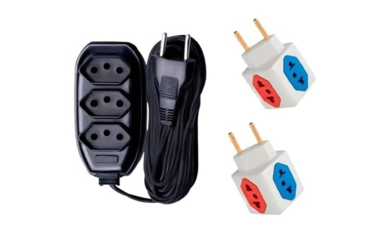 Extensão Elétrica 3 Metros 10A 127/220V Cabo Paralelo 2x0,75mm Preta + Kit 2 Adaptadores Cubo 10A Uso Doméstico e Escritório