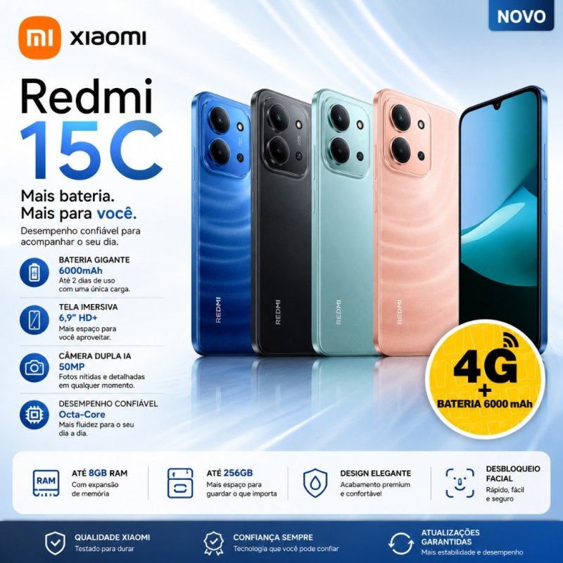 Câmera Xiaomi Redmi 15C azul 8GB+256GB RAM / 4GB+128GB RAM 6,9″ 50 MP
